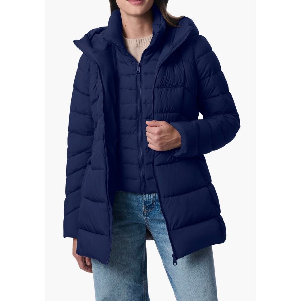 BERNARDO Navy Hooded Puffer Jacket Coat with Bib Size Medium - Picture 1 of 8